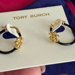 BNWT:Tory Burch Black and Gold Logo Hoop Earrings
